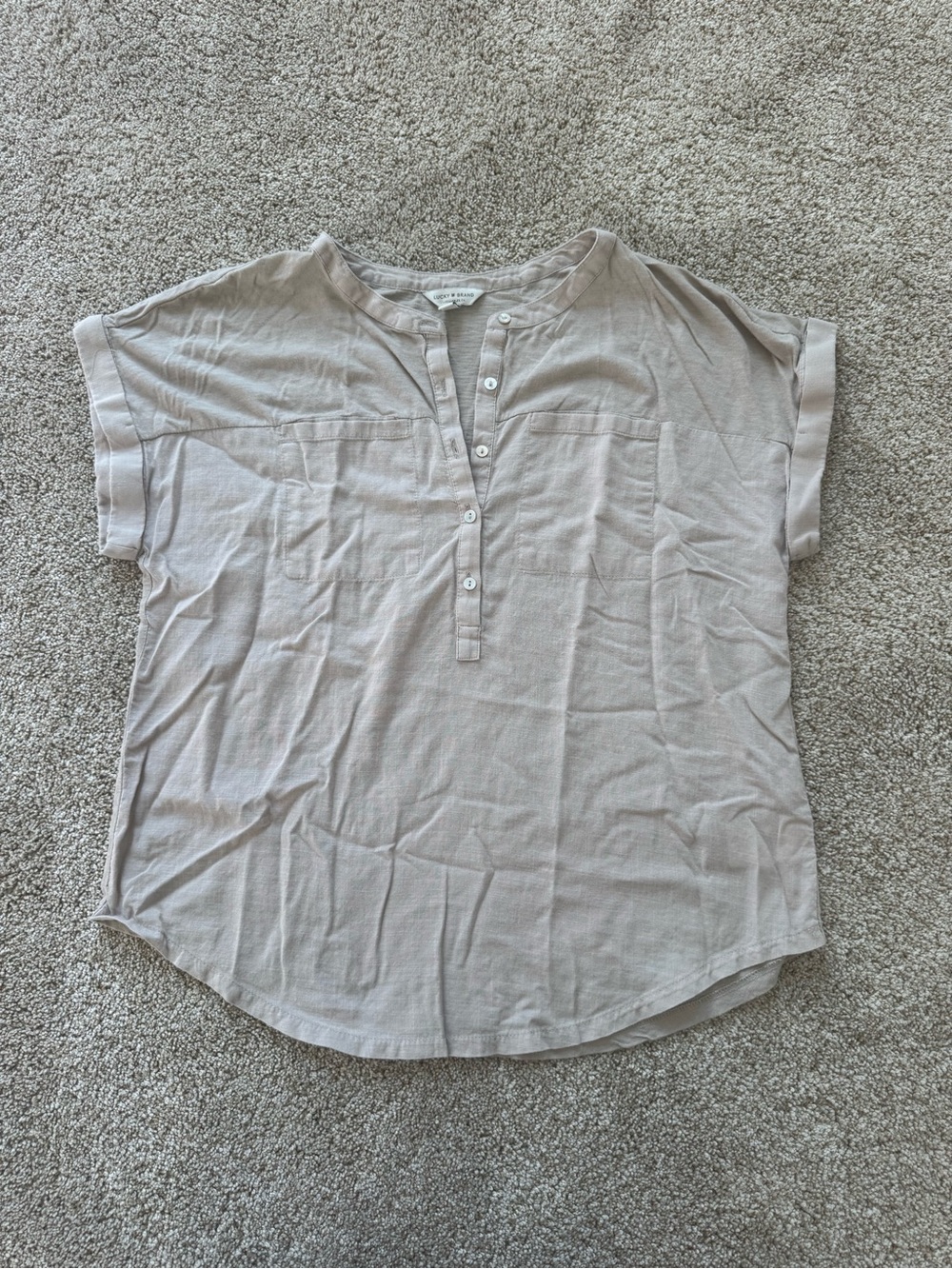 Lucky Brand Mixed Media Womens Top Henley Size Medium Beige Short Sleeve *Read